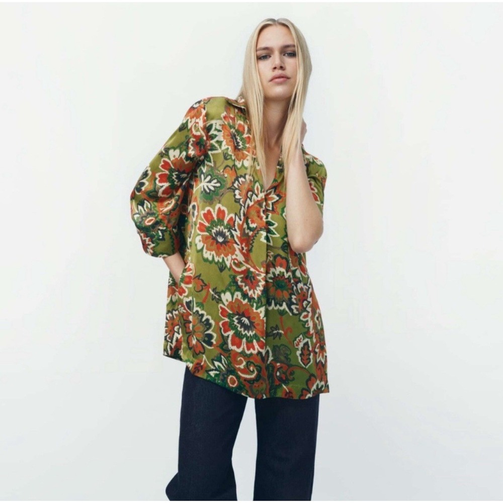 NWT Zara Women's Satin Tunic Oversized Blouse Olive Green Floral XS Gold Buttons